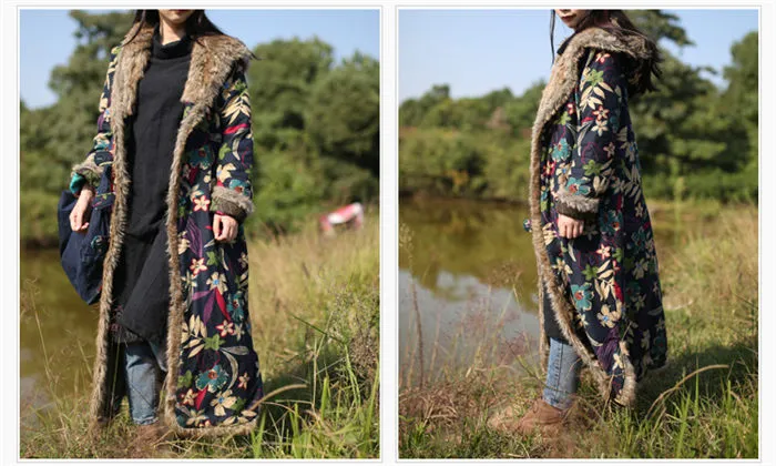 Indian folk Fur Collar Winter Windbreaker Cotton Linen Vintage Coat