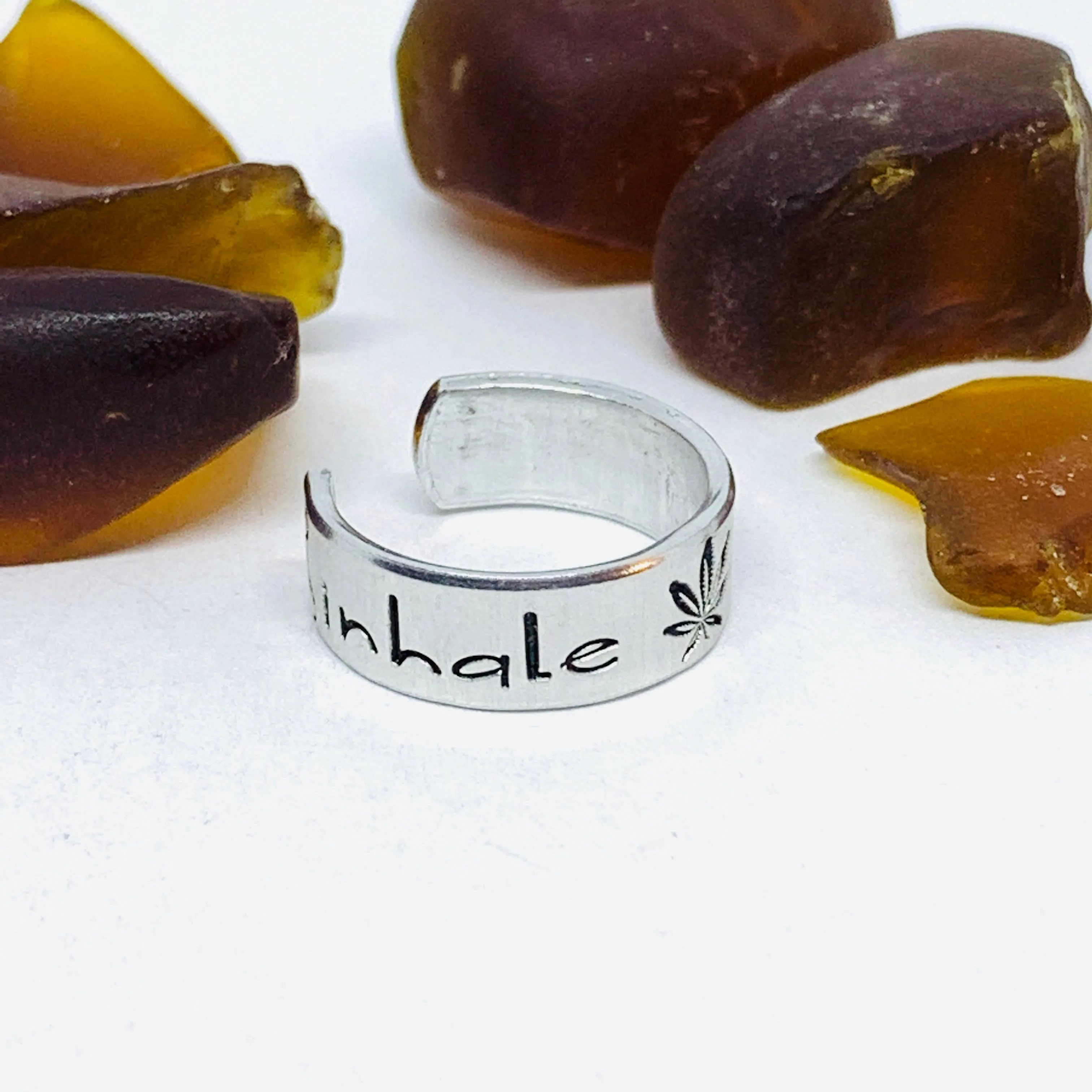 Inhale Exhale Hand Stamped Ring | Dispensary Pot Ring | Stamped Metal Cuff Ring | Marijuana Friendly | Pothead Jewelry | Weed Cannabis