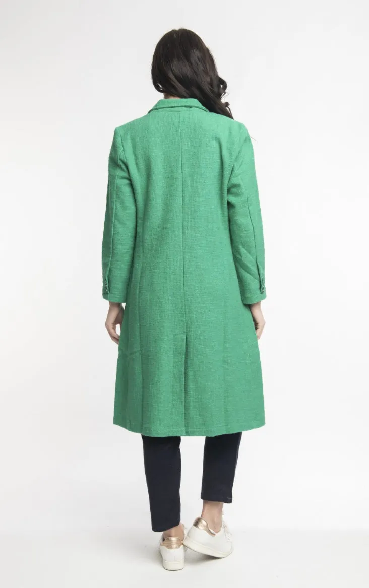 Isabella Long Cotton Coat In Emerald Green by Orientique