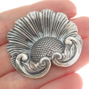 JEWELART 925 Sterling Silver Antique Art Deco Flower Repousse Oxidized Brooch