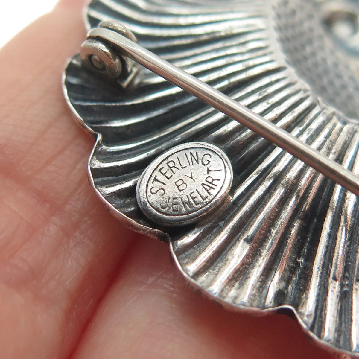 JEWELART 925 Sterling Silver Antique Art Deco Flower Repousse Oxidized Brooch