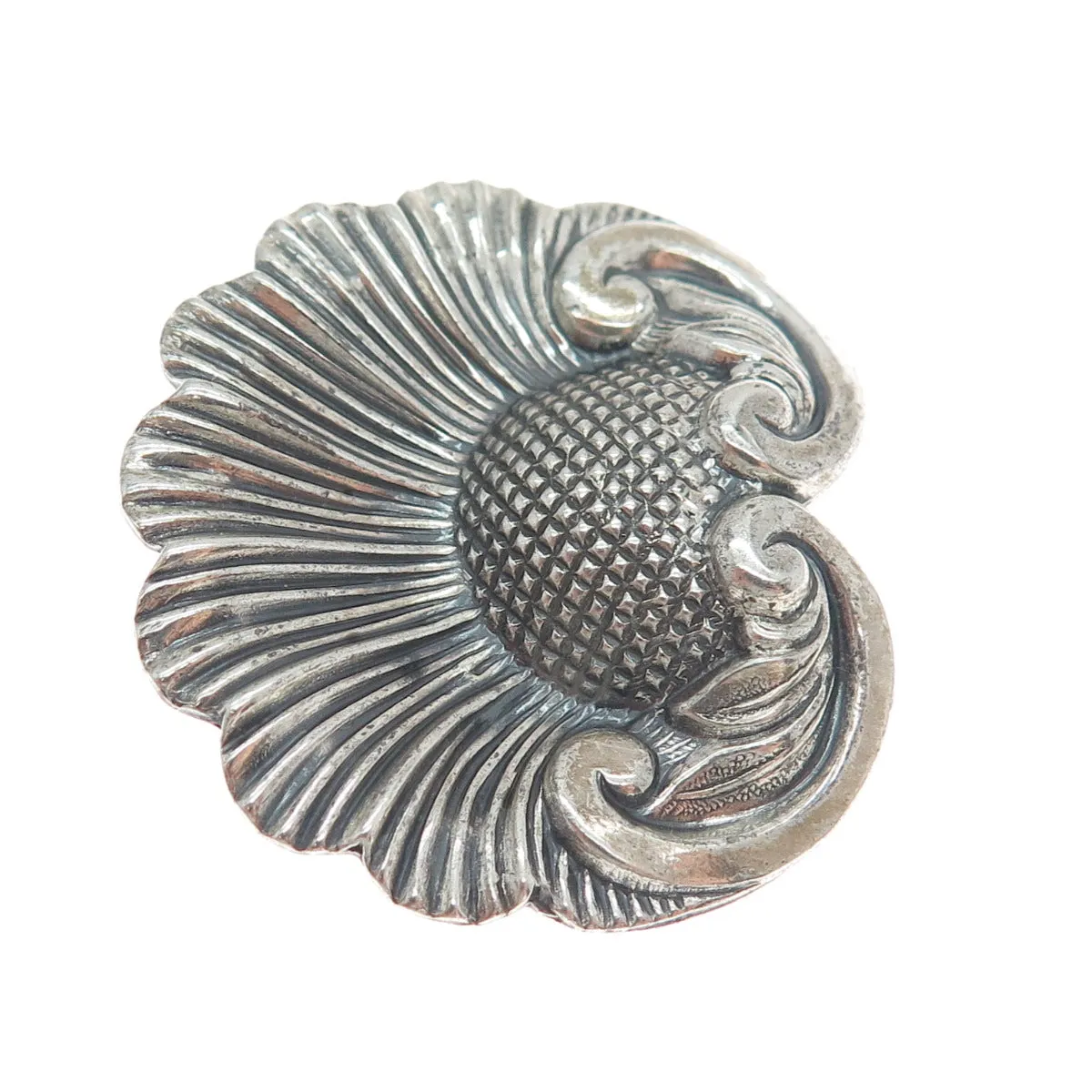 JEWELART 925 Sterling Silver Antique Art Deco Flower Repousse Oxidized Brooch