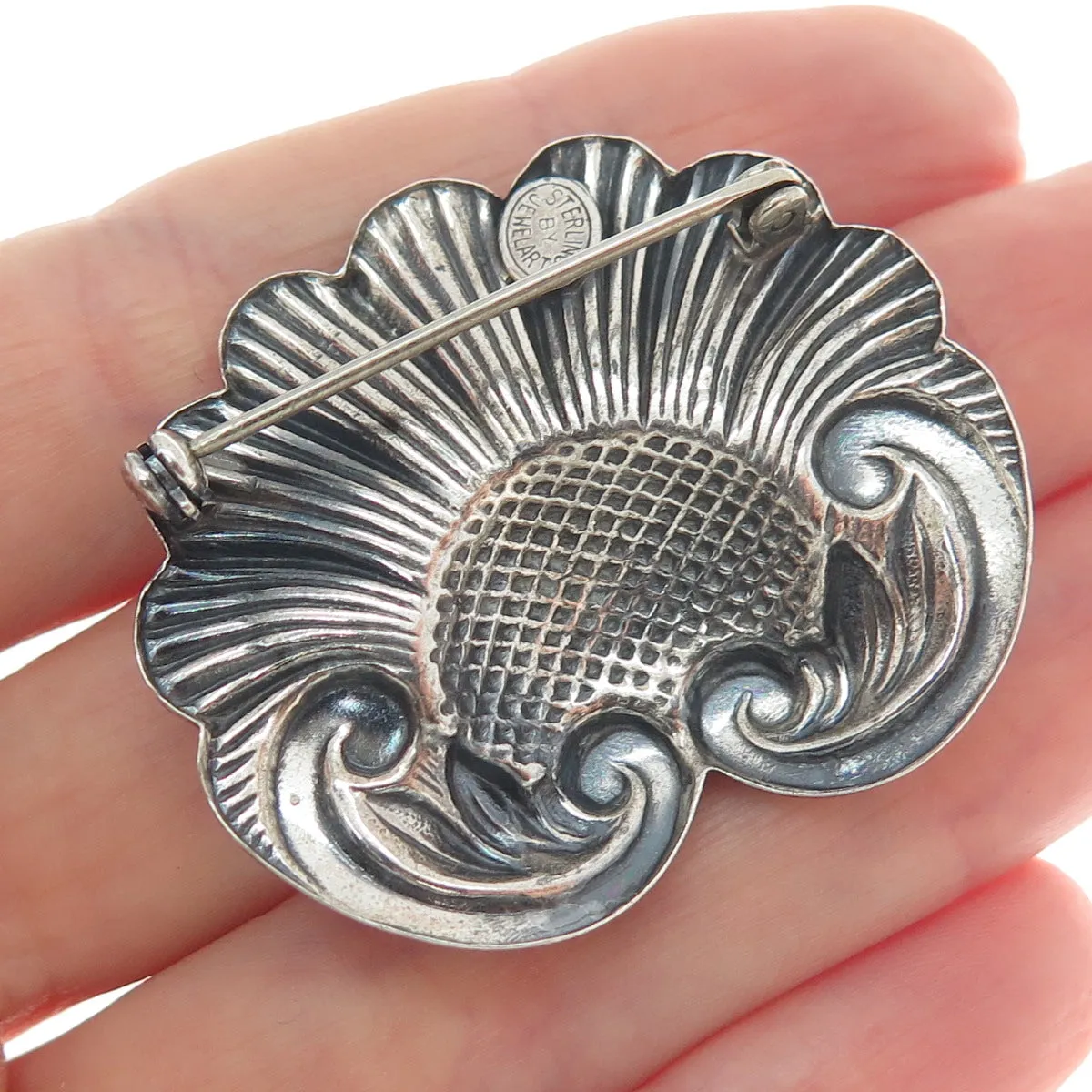 JEWELART 925 Sterling Silver Antique Art Deco Flower Repousse Oxidized Brooch