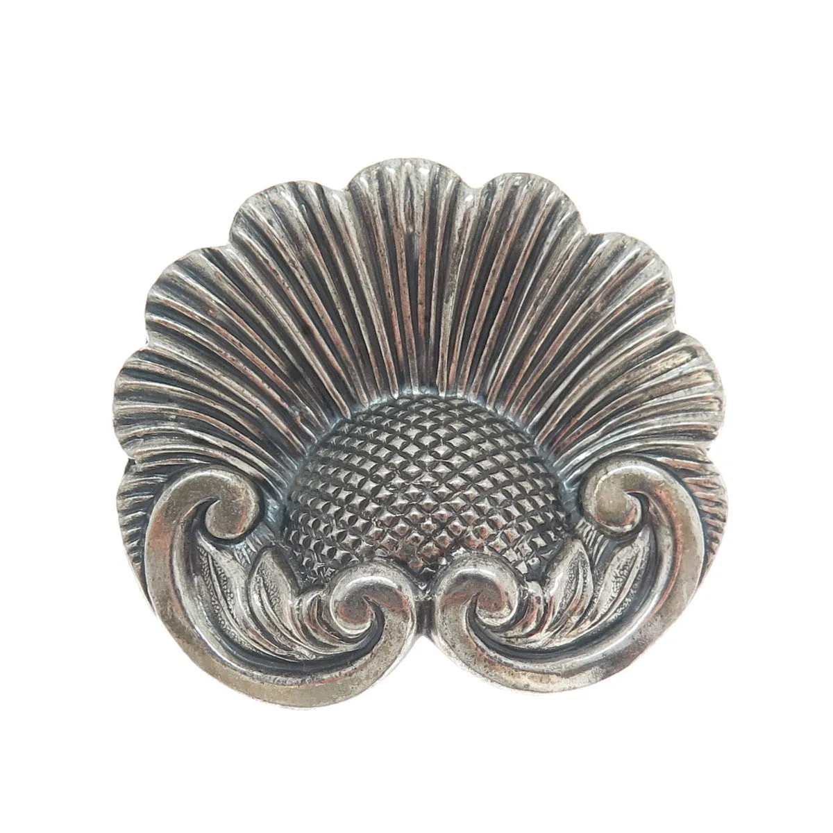 JEWELART 925 Sterling Silver Antique Art Deco Flower Repousse Oxidized Brooch