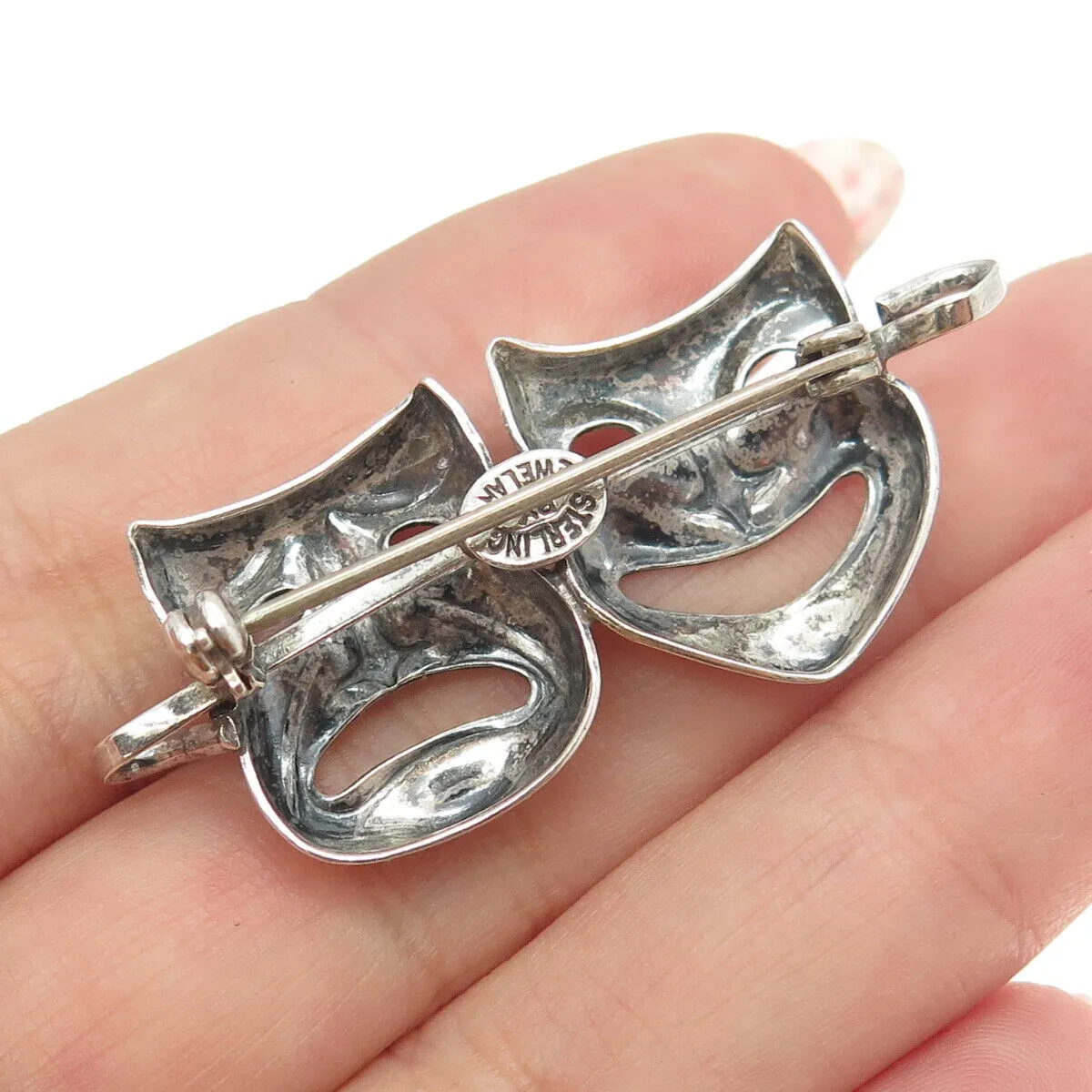 JEWELART 925 Sterling Silver Antique Sock & Buskin Tragedy Comedy Masks Brooch