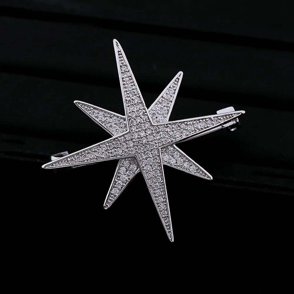 Jewelblings Shiny Full  CZ Double Layer 8 Point Small Burst Star Brooch Pins