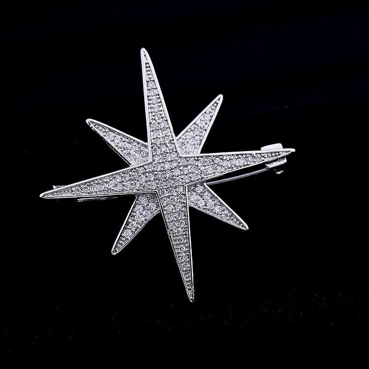 Jewelblings Shiny Full  CZ Double Layer 8 Point Small Burst Star Brooch Pins