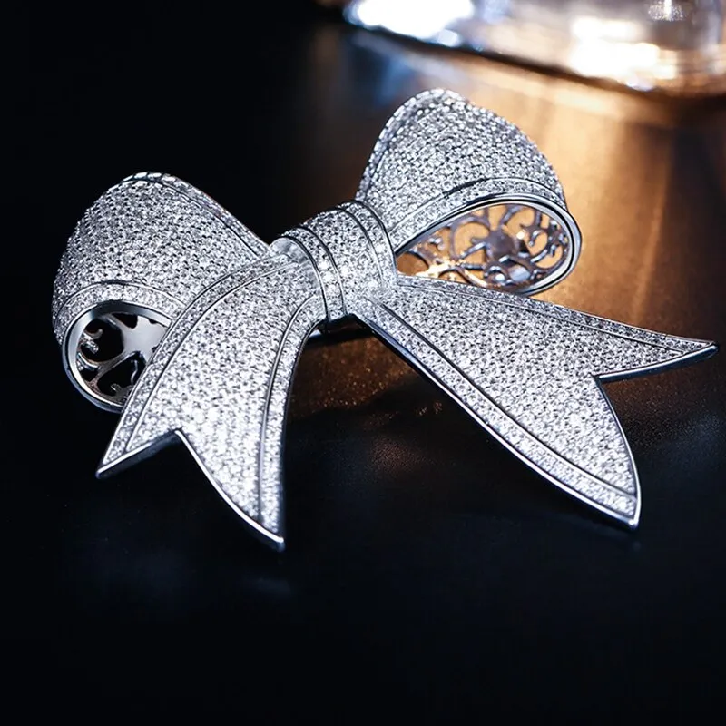 Jewelblings Shiny Full Micro Pave Clear CZ Victorian Ribbon Bow Brooch Antique Bowtie Pins Edwardian Jewelry for Women Suit Coat Scarf Shawl