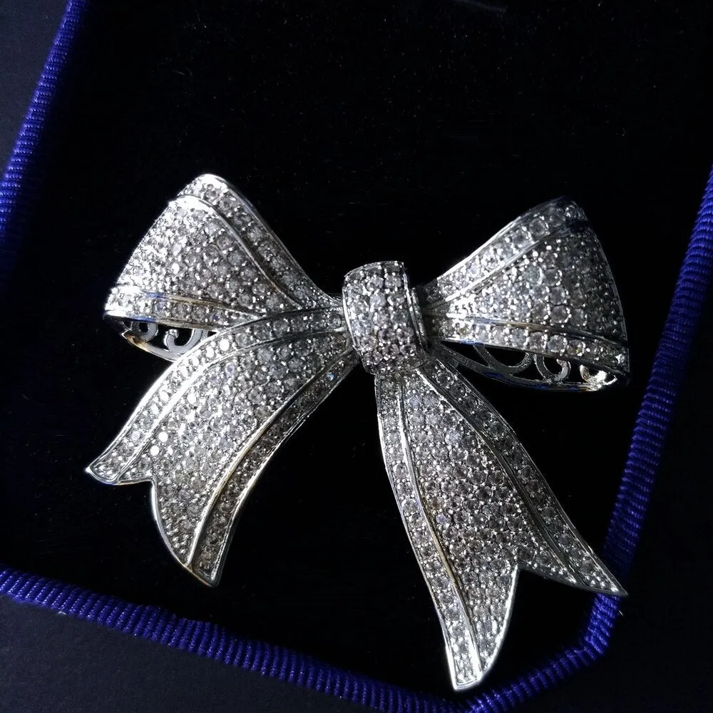 Jewelblings Shiny Full Micro Pave Clear CZ Victorian Ribbon Bow Brooch Antique Bowtie Pins Edwardian Jewelry for Women Suit Coat Scarf Shawl