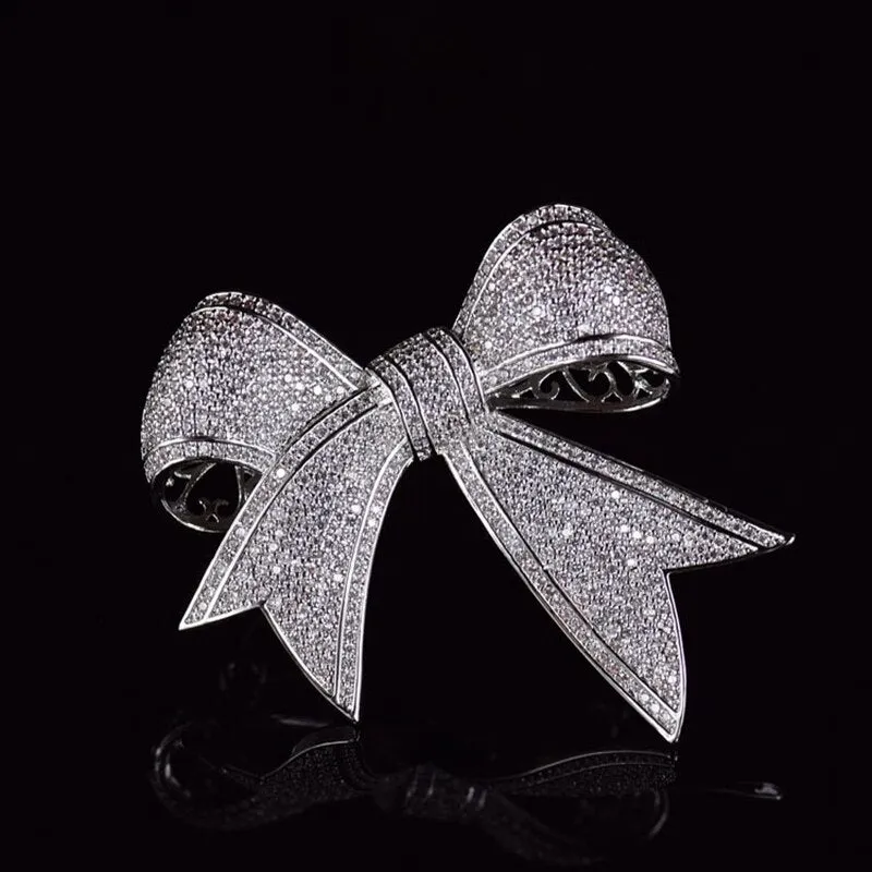 Jewelblings Shiny Full Micro Pave Clear CZ Victorian Ribbon Bow Brooch Antique Bowtie Pins Edwardian Jewelry for Women Suit Coat Scarf Shawl