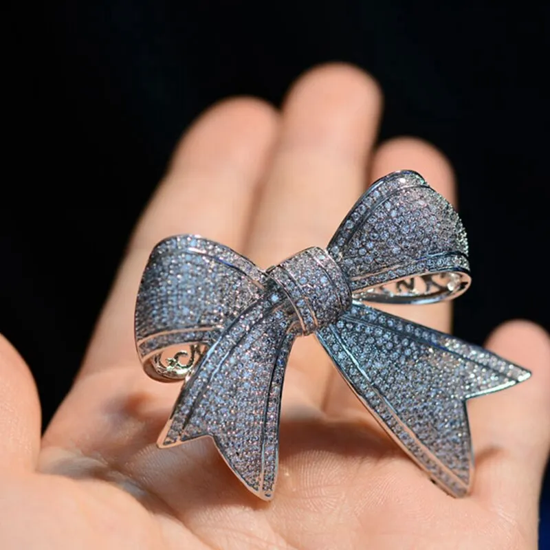 Jewelblings Shiny Full Micro Pave Clear CZ Victorian Ribbon Bow Brooch Antique Bowtie Pins Edwardian Jewelry for Women Suit Coat Scarf Shawl