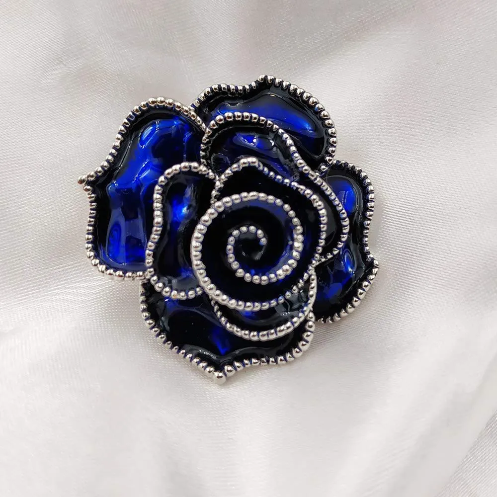 Jewelblings Stunning Vintage Multi Layers Petal Blossom Royal Blue Rose Brooches Beaded Enamel Rose Flower Pins for Women Wedding Jewelry