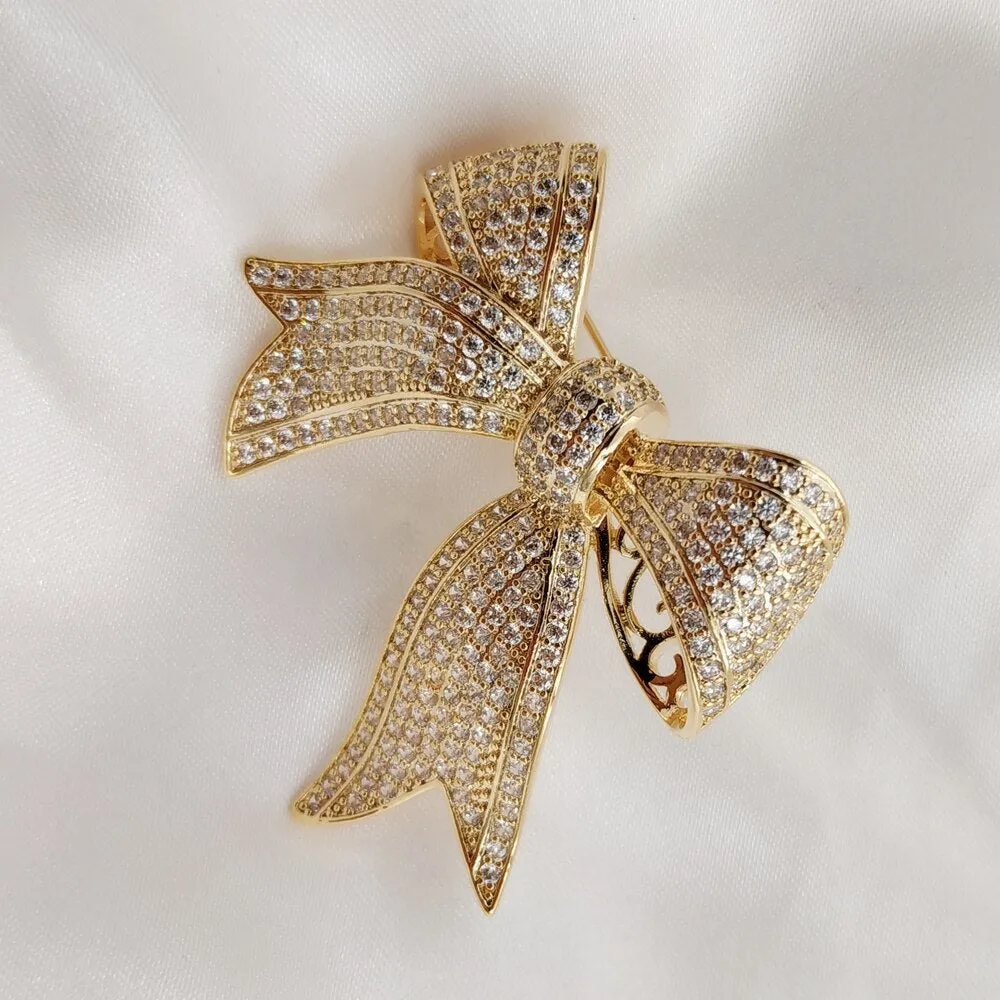 Jewelblings Victorian Vintage Style Micro Pave Clear CZ Golden Bow Brooches Tinny Stone Pave Antique Ribbon Bow Pins Wedding Party Accessory
