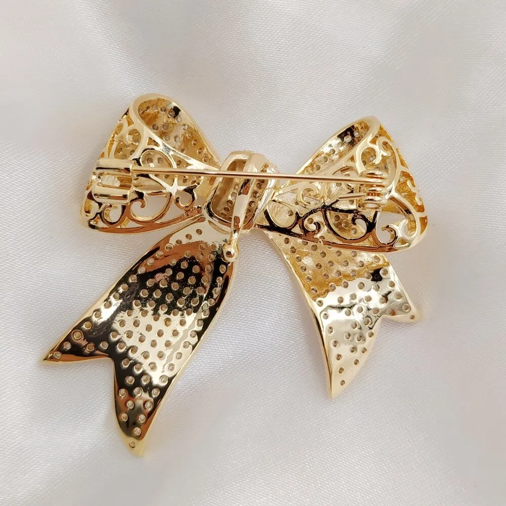 Jewelblings Victorian Vintage Style Micro Pave Clear CZ Golden Bow Brooches Tinny Stone Pave Antique Ribbon Bow Pins Wedding Party Accessory
