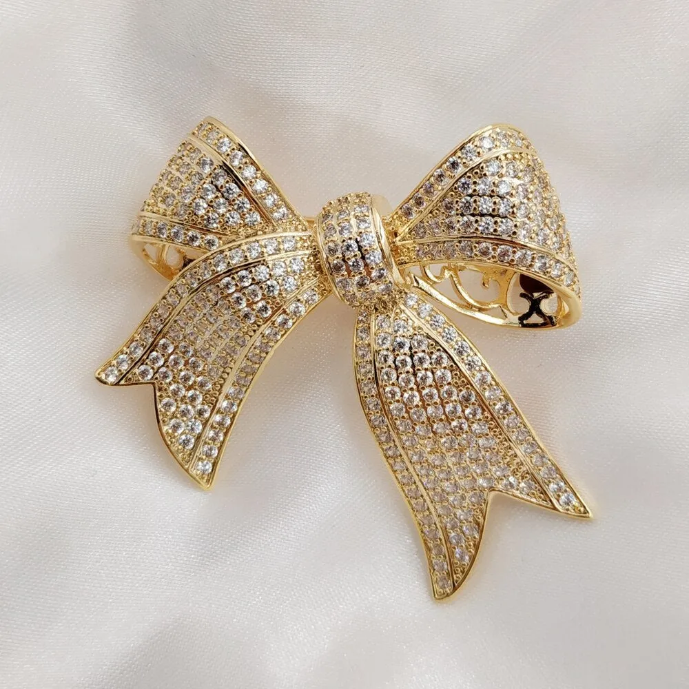 Jewelblings Victorian Vintage Style Micro Pave Clear CZ Golden Bow Brooches Tinny Stone Pave Antique Ribbon Bow Pins Wedding Party Accessory