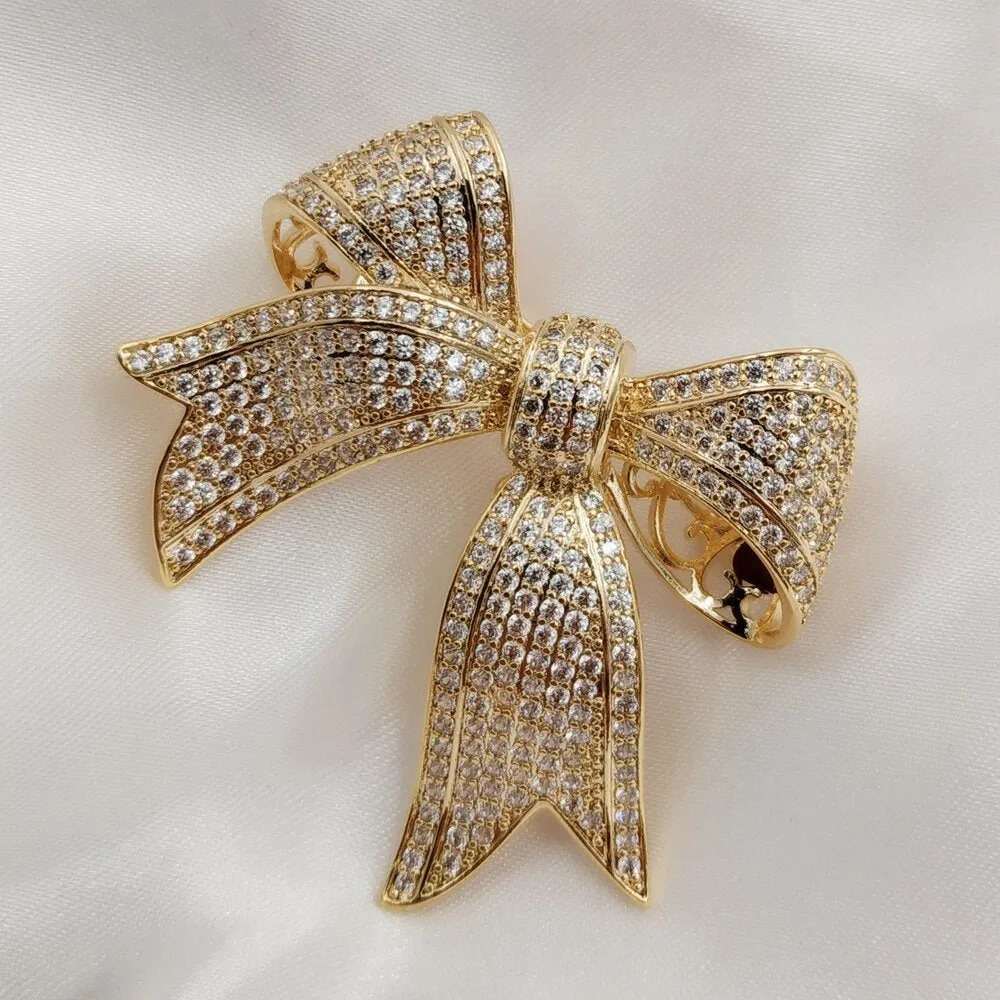 Jewelblings Victorian Vintage Style Micro Pave Clear CZ Golden Bow Brooches Tinny Stone Pave Antique Ribbon Bow Pins Wedding Party Accessory