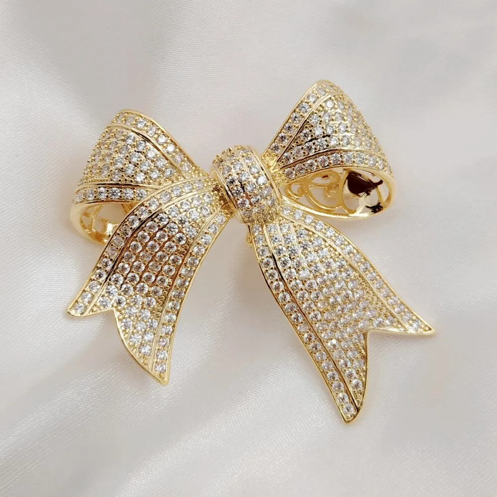Jewelblings Victorian Vintage Style Micro Pave Clear CZ Golden Bow Brooches Tinny Stone Pave Antique Ribbon Bow Pins Wedding Party Accessory