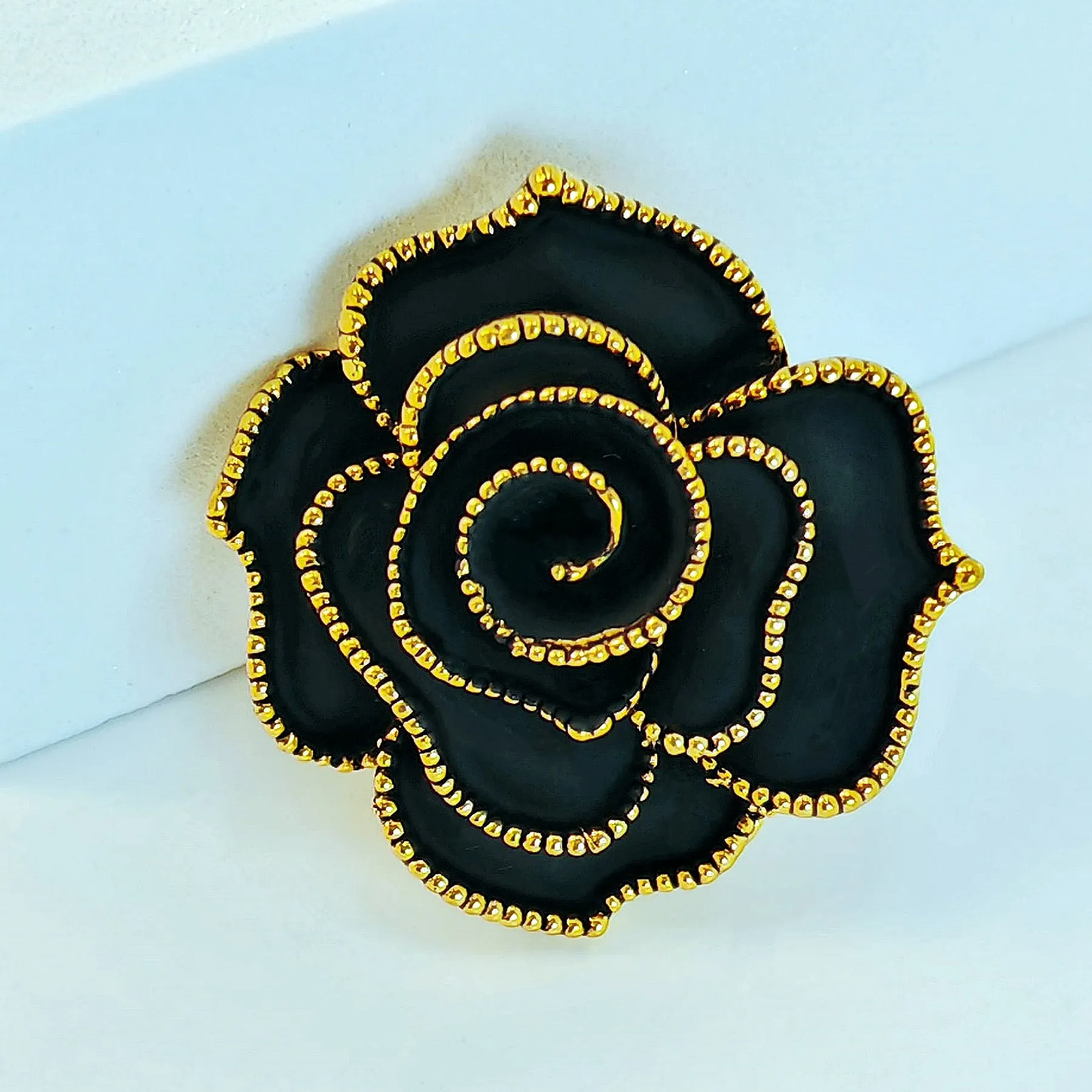 Jewelblings Vintage Golden Beaded Full Bloom Black Rose Brooches Gold Tone Multi Petal Black Rose Flower Enameled Pin Women Church Jewelry