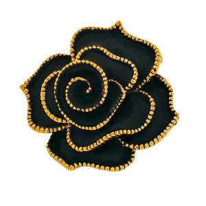 Jewelblings Vintage Golden Beaded Full Bloom Black Rose Brooches Gold Tone Multi Petal Black Rose Flower Enameled Pin Women Church Jewelry