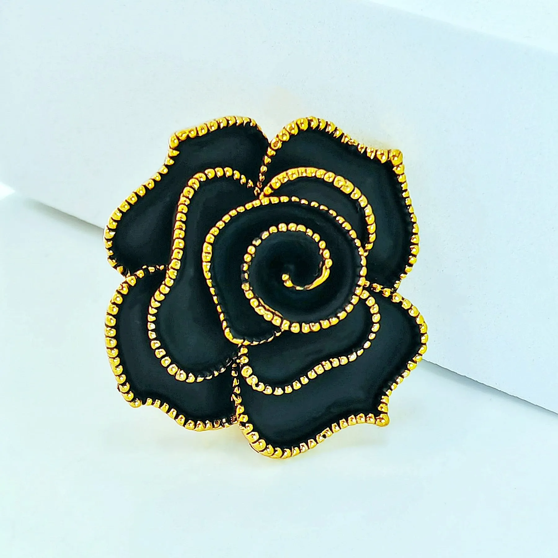 Jewelblings Vintage Golden Beaded Full Bloom Black Rose Brooches Gold Tone Multi Petal Black Rose Flower Enameled Pin Women Church Jewelry
