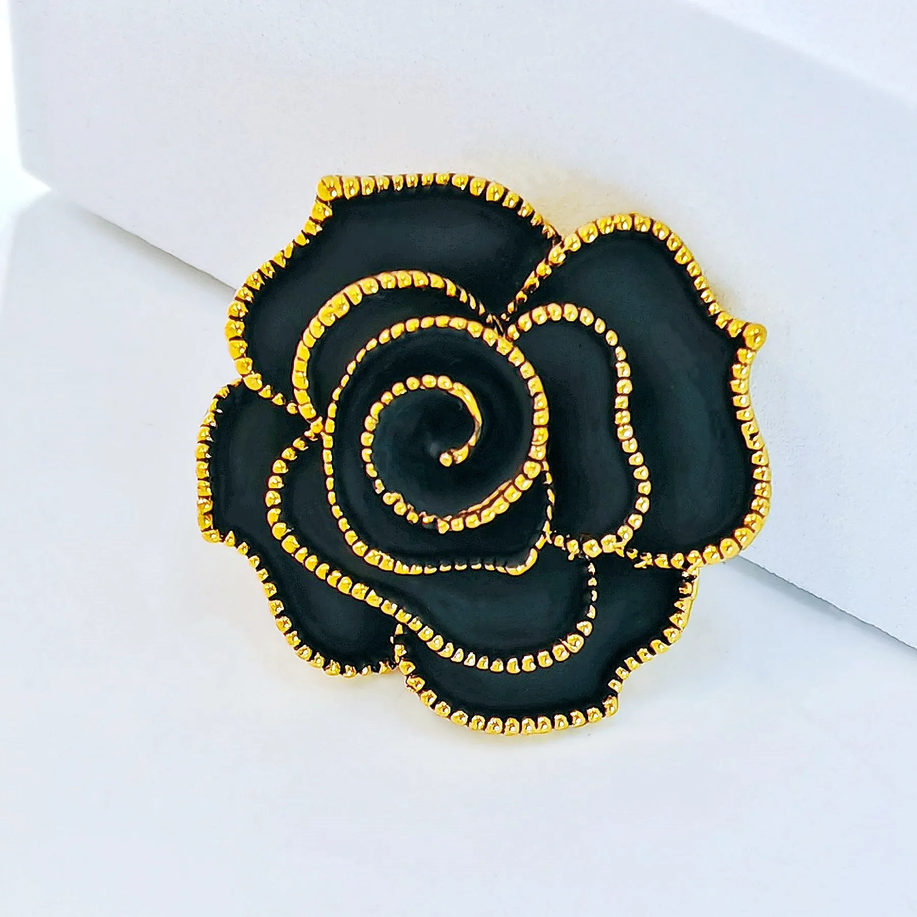 Jewelblings Vintage Golden Beaded Full Bloom Black Rose Brooches Gold Tone Multi Petal Black Rose Flower Enameled Pin Women Church Jewelry