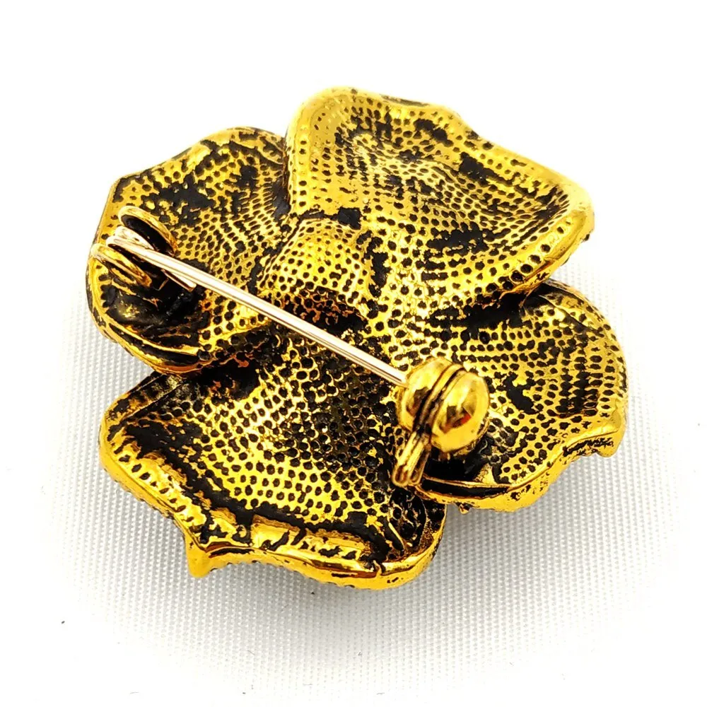 Jewelblings Vintage Golden Beaded Full Bloom Black Rose Brooches Gold Tone Multi Petal Black Rose Flower Enameled Pin Women Church Jewelry