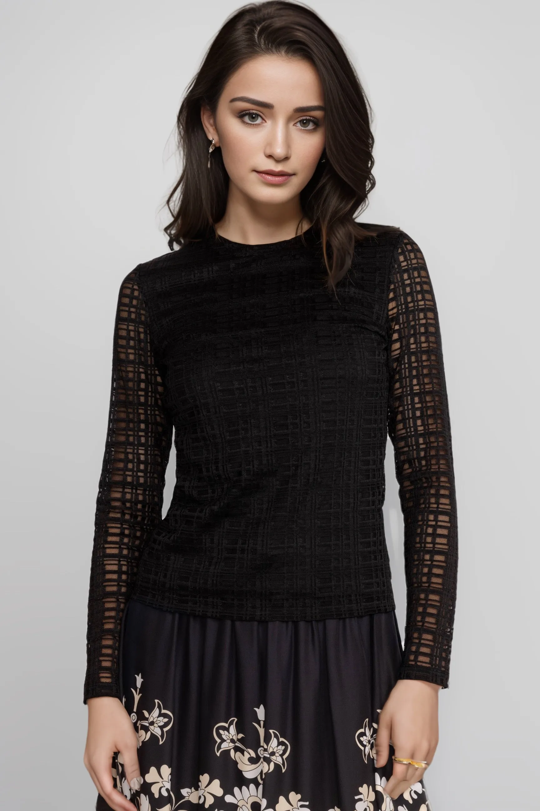 Johnny Was Jade Black Plaid Natalie Long Sleeve Mesh Tee L12124