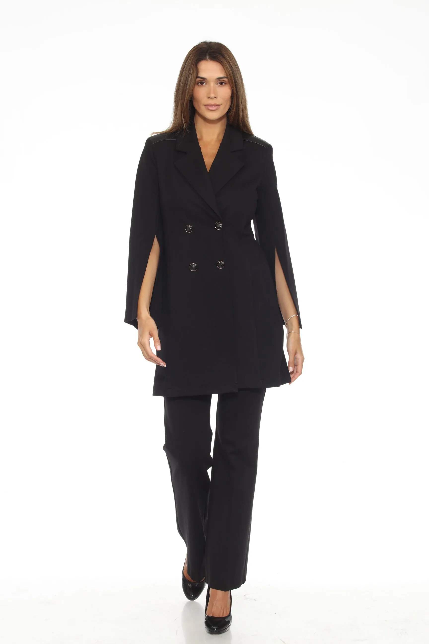 Joseph Ribkoff Black Double-Breasted Split Cuffs A-Line Coat 243078