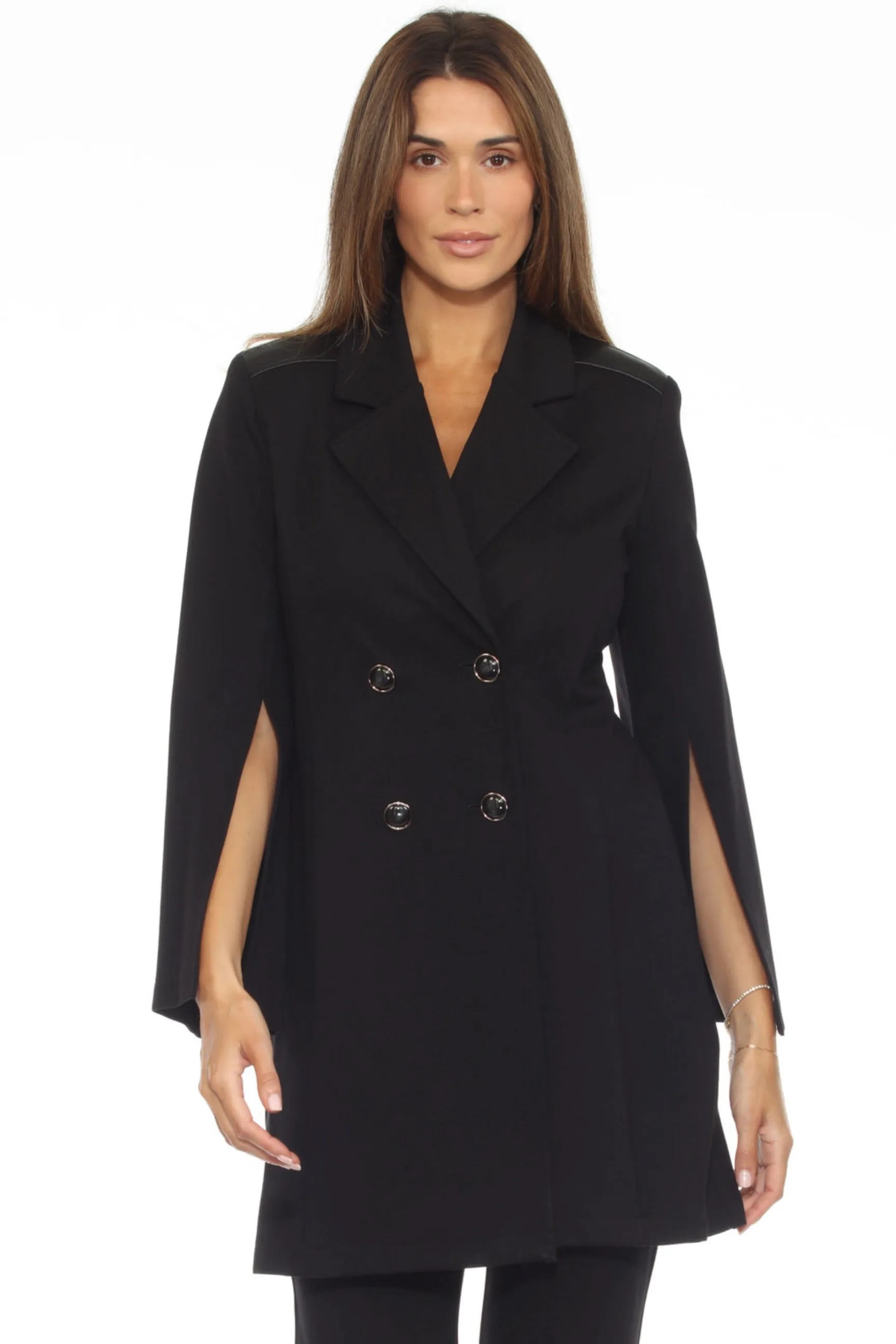 Joseph Ribkoff Black Double-Breasted Split Cuffs A-Line Coat 243078
