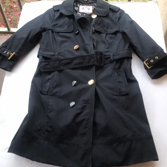 Juicy Couture Vintage Y2k Trench Coat Military Black Gold Medium Girly Jacket M
