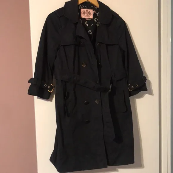Juicy Couture Vintage Y2k Trench Coat Military Black Gold Medium Girly Jacket M