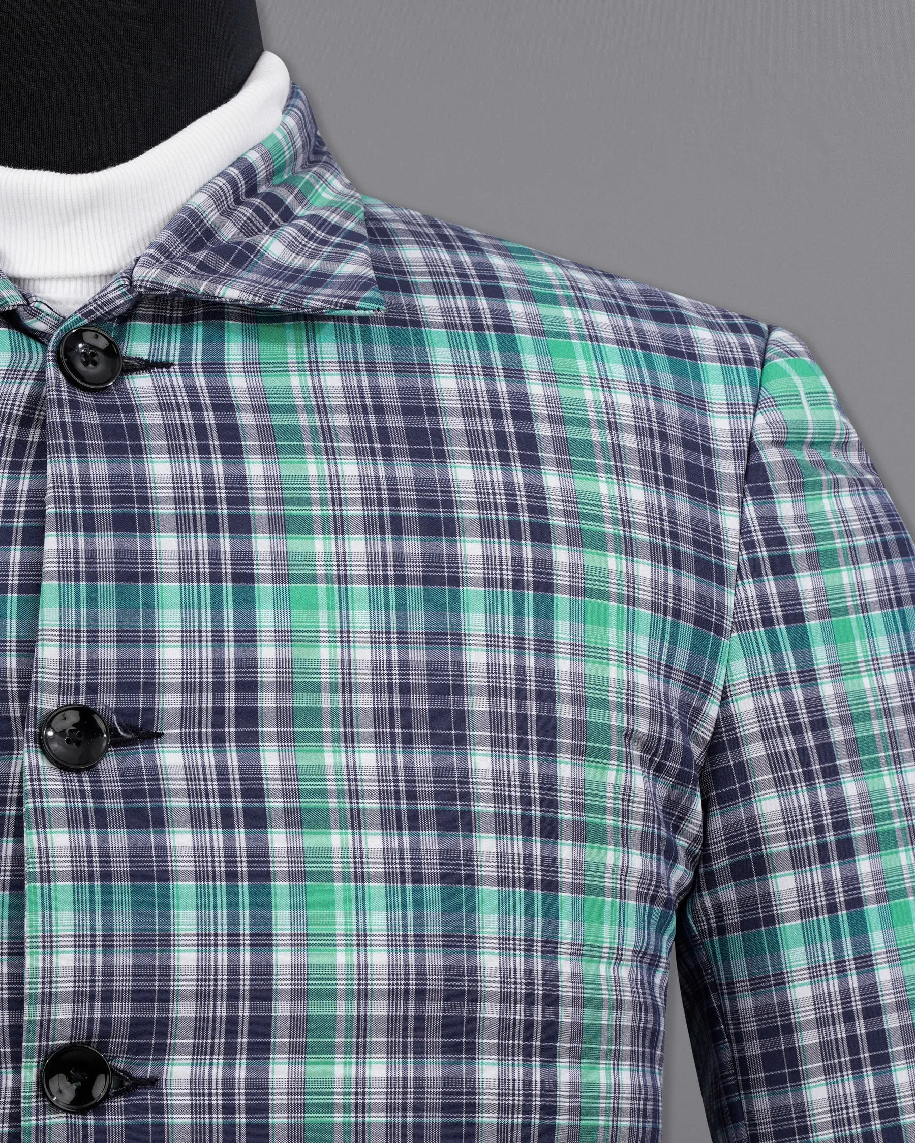 Keppel Green Windowpane with Valhalla Blue Premium Cotton Designer Trench Coat