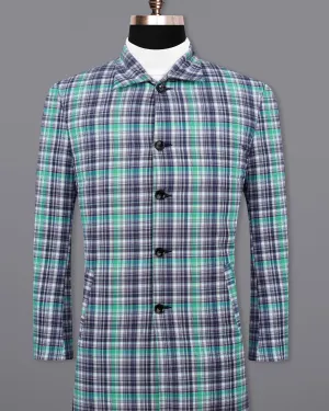 Keppel Green Windowpane with Valhalla Blue Premium Cotton Designer Trench Coat