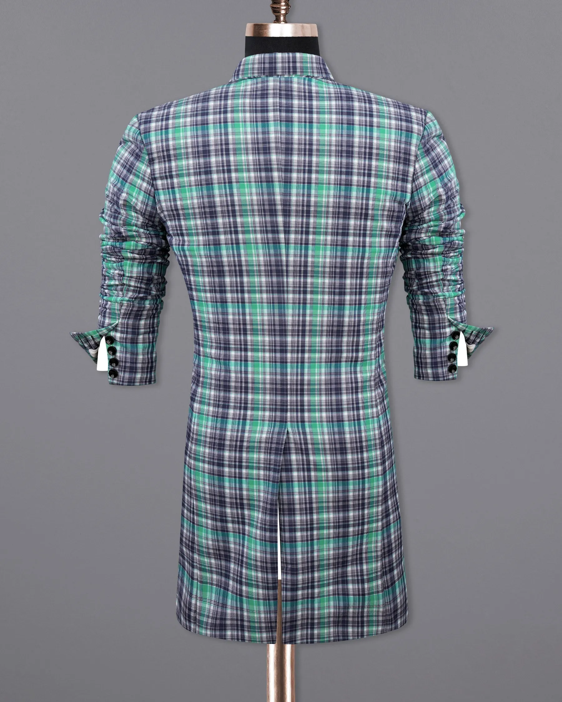 Keppel Green Windowpane with Valhalla Blue Premium Cotton Designer Trench Coat
