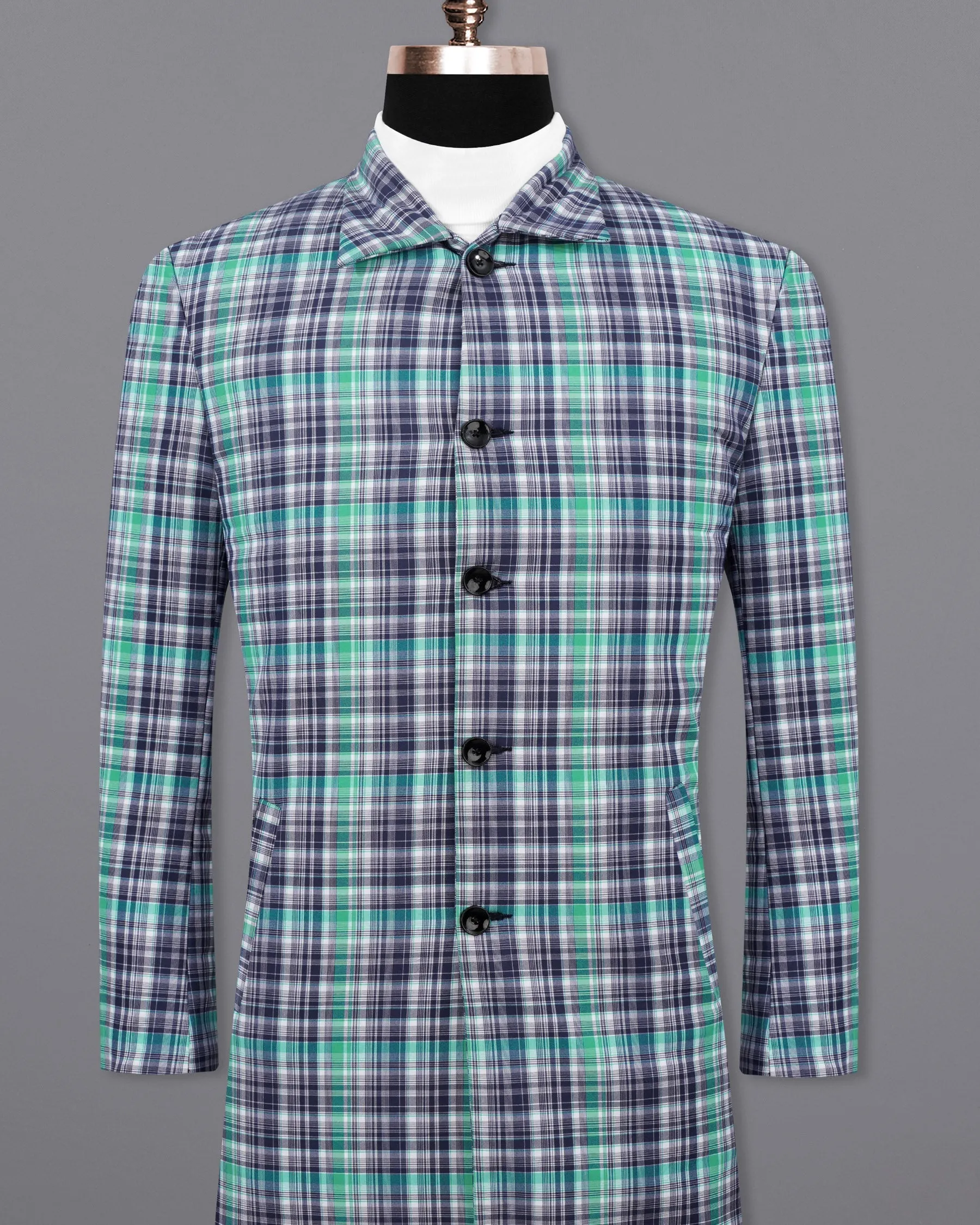 Keppel Green Windowpane with Valhalla Blue Premium Cotton Designer Trench Coat
