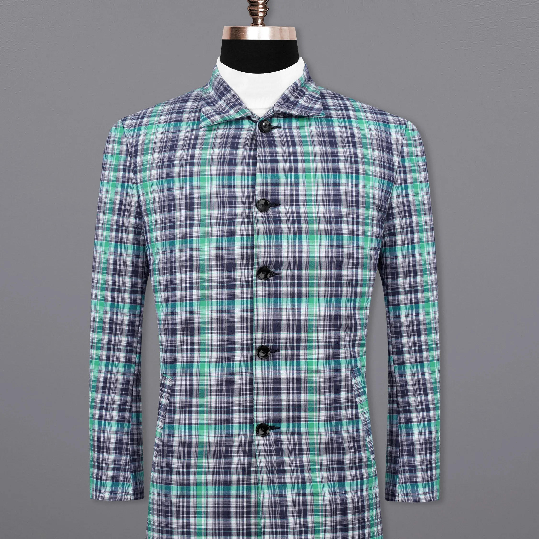 Keppel Green Windowpane with Valhalla Blue Premium Cotton Designer Trench Coat