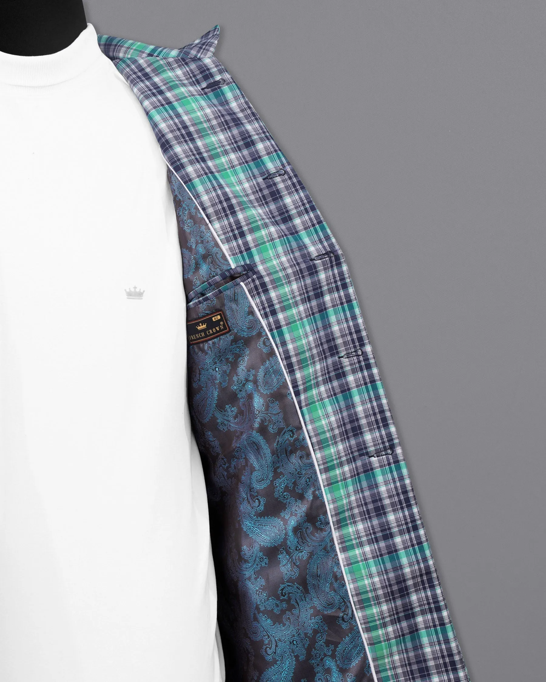 Keppel Green Windowpane with Valhalla Blue Premium Cotton Designer Trench Coat