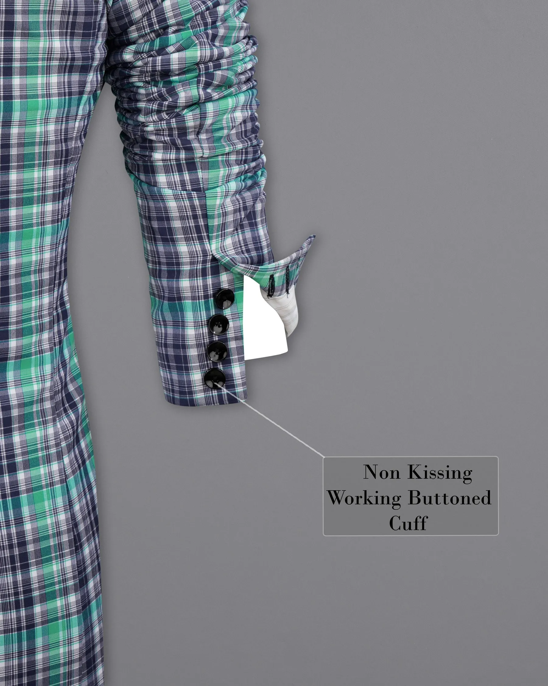 Keppel Green Windowpane with Valhalla Blue Premium Cotton Designer Trench Coat