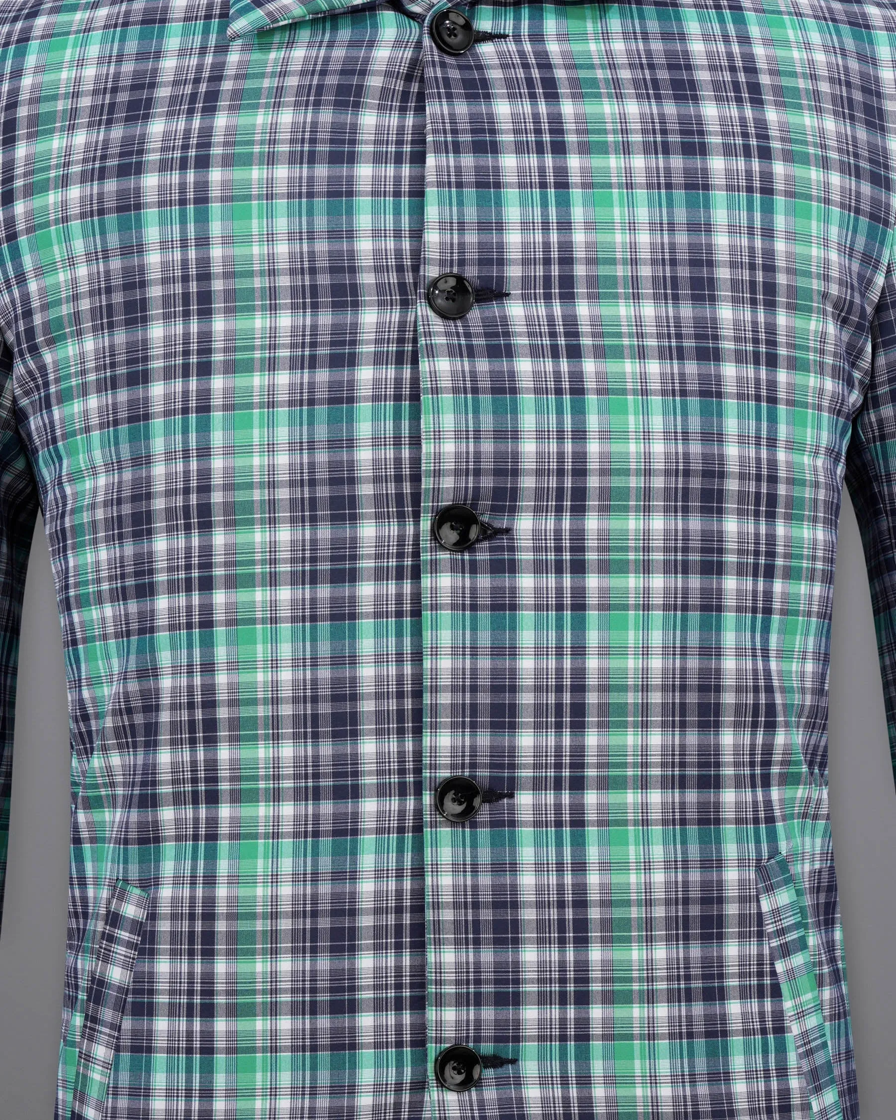 Keppel Green Windowpane with Valhalla Blue Premium Cotton Designer Trench Coat