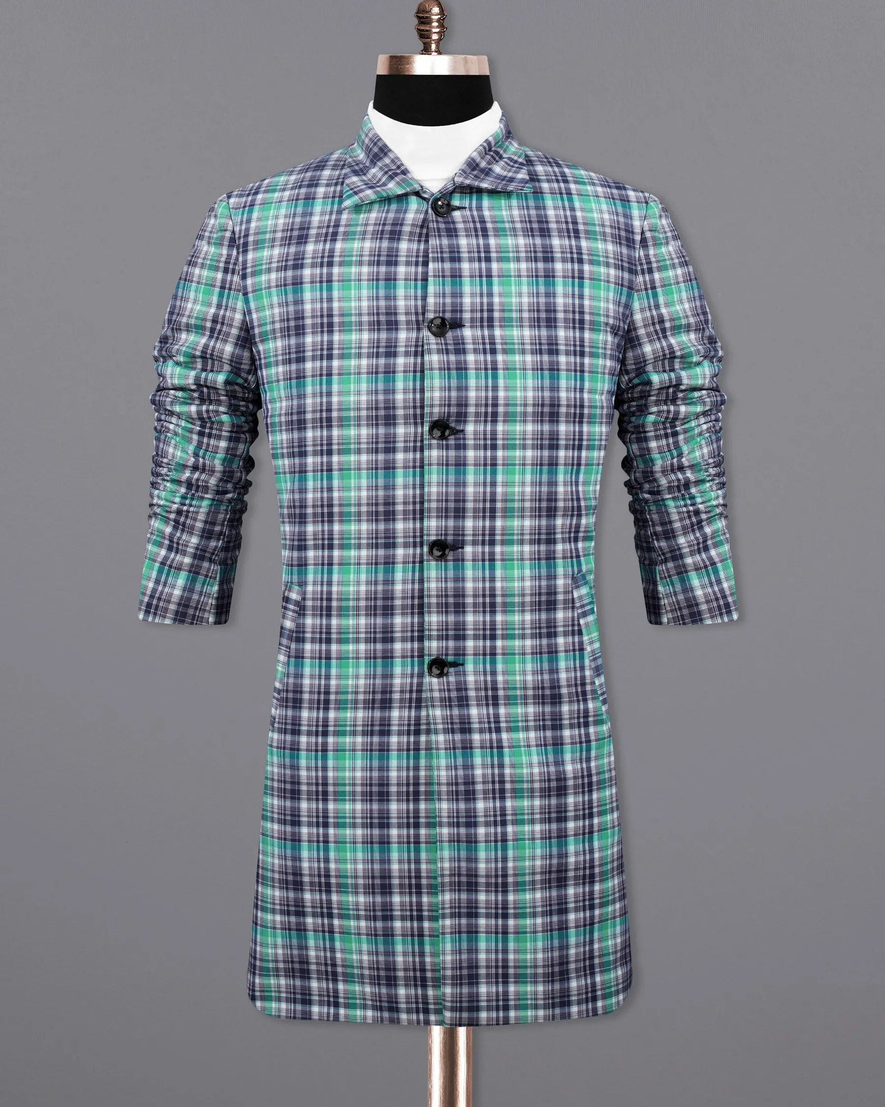 Keppel Green Windowpane with Valhalla Blue Premium Cotton Designer Trench Coat