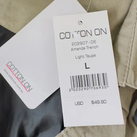 Khaki Cotton On Trench Coat Belted Double Breasted Lined New With Tags Jacket L