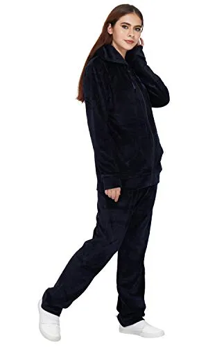 KLIPSPRINGER Women's Cotton Velour Winter Velvet Solid Pattern Regular Fit Track Suit with Hoodie (Navy, SY-VT-N_XL)