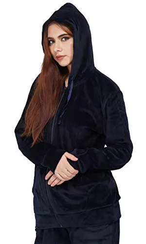 KLIPSPRINGER Women's Cotton Velour Winter Velvet Solid Pattern Regular Fit Track Suit with Hoodie (Navy, SY-VT-N_XL)