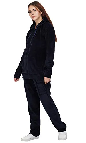 KLIPSPRINGER Women's Cotton Velour Winter Velvet Solid Pattern Regular Fit Track Suit with Hoodie (Navy, SY-VT-N_XL)