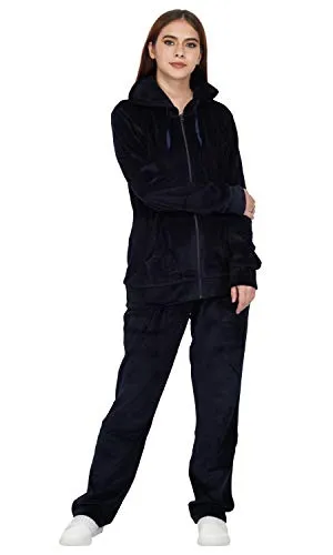 KLIPSPRINGER Women's Cotton Velour Winter Velvet Solid Pattern Regular Fit Track Suit with Hoodie (Navy, SY-VT-N_XL)