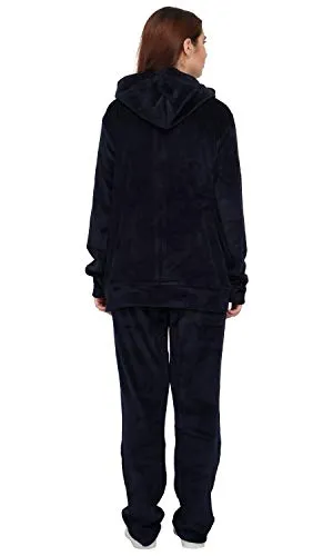 KLIPSPRINGER Women's Cotton Velour Winter Velvet Solid Pattern Regular Fit Track Suit with Hoodie (Navy, SY-VT-N_XL)