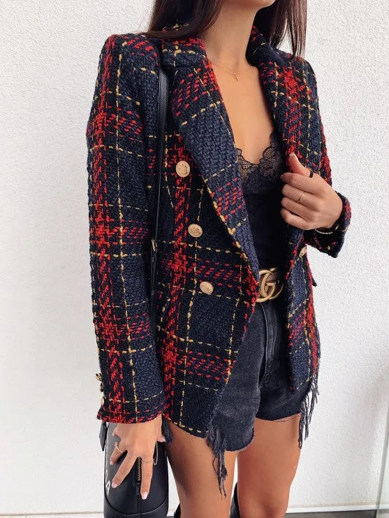Ladies Double-Breasted Plaid Blazer Coat