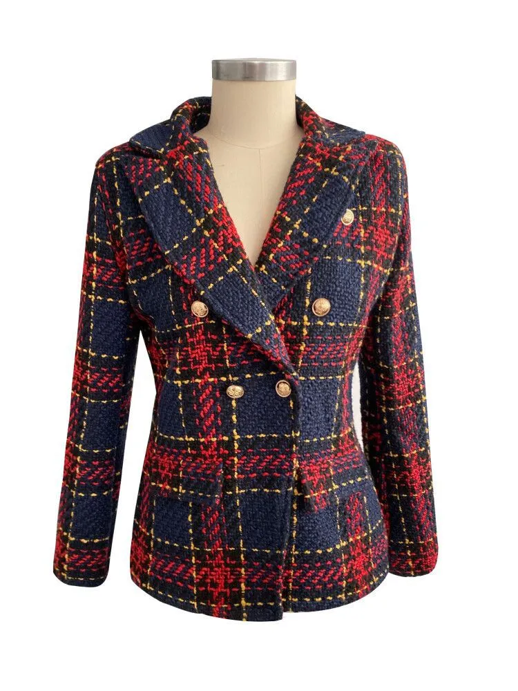 Ladies Double-Breasted Plaid Blazer Coat
