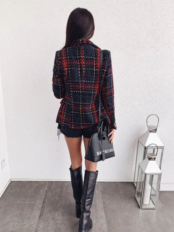 Ladies Double-Breasted Plaid Blazer Coat