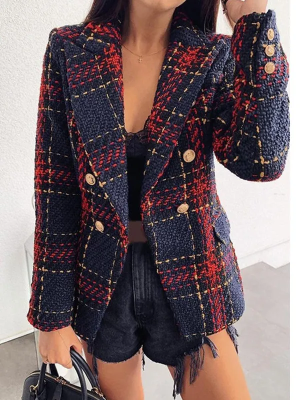 Ladies Double-Breasted Plaid Blazer Coat
